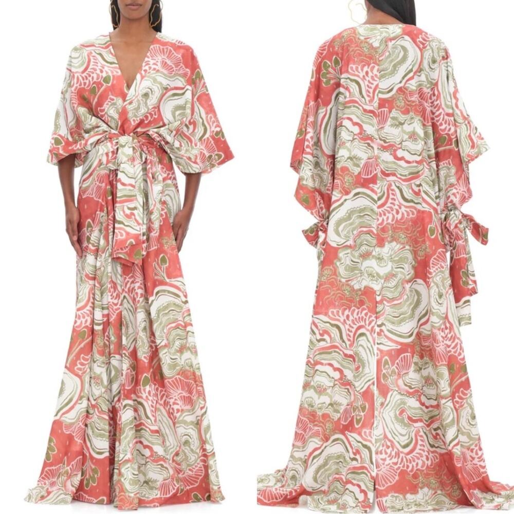 ANDREA IYAMAH Gamba Abstract Mushroom Red and Green Kimono Robe Maxi Dress